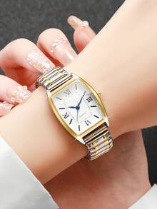 1pc Women's Gift Watch With Elastic Band, Barrel-Shaped Roman Numeral Dial, Fashion Casual Quartz Wristwatch (1pc/Set), Watch Box Not Included - Multicolor - View 2