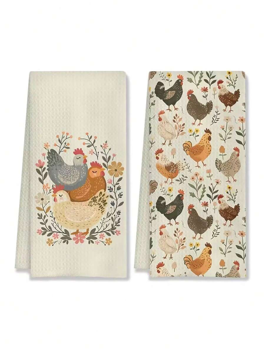 1/2/4pcs Extra Large Farmhouse Style Chicken And Rooster Kitchen Towels - Vintage Country Farm Decor Dish Cloths, Featuring Chicken And Floral Patterns, Soft Pastel Tones (Pink/Beige/Green/Brown/Gray/White) - Ideal Housewarming Gift For Chicken Lovers, Moms, Ladies - Machine Washable - 15.7 X 23.6 Inch Rectangular Towels With Charming Chicken And Rooster Designs, Suitable For Rustic Style Kitchens And Bathrooms - Beige - View 1