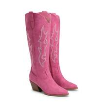 Western Vintage Cowgirl  Tall Boots For Women, Pointed Toe Chunky Block Heel Suede Knee High Cowboy Boots With Embroidered - Hồng - Xem 9