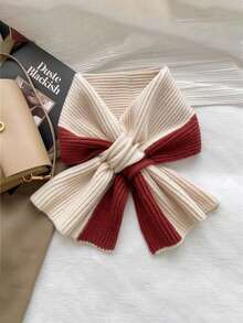 This Elegant Color-Block Crossover Scarf Features A Fashionable White And Beige Bow Design, Adorable And Warm, Making It The Perfect Choice For Valentine's Day, Christmas, And New Year Gifts. The Scarf Comes In Multiple Color Options, And This Casual And Versatile Scarf Is Thick And Warm, An Ideal Gift For Valentine's Day, Christmas, And Ramadan. - Multicolor - View 17