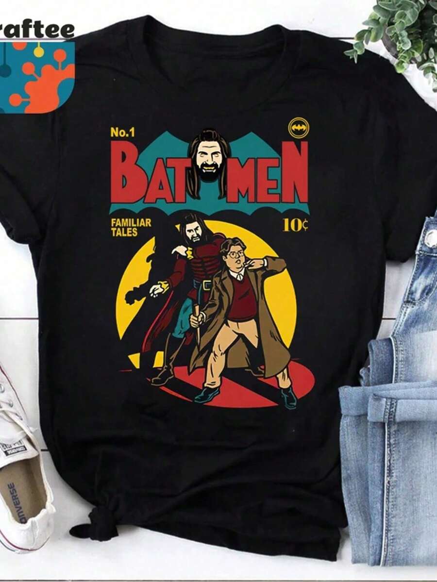Camiseta estampada con estilo de cómic de BAT MEN - Negro - Ver 1
