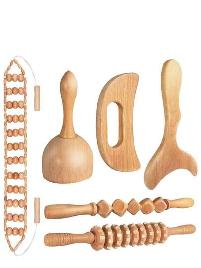 Massage Tool 6-In-1 Massager Wooden Massager, Massage Tool Set For Body Shaping, Wooden Therapeutic Tool, Used For Relieving Muscle Pain, Body Shaping, Contour And Anti-Cellulite.