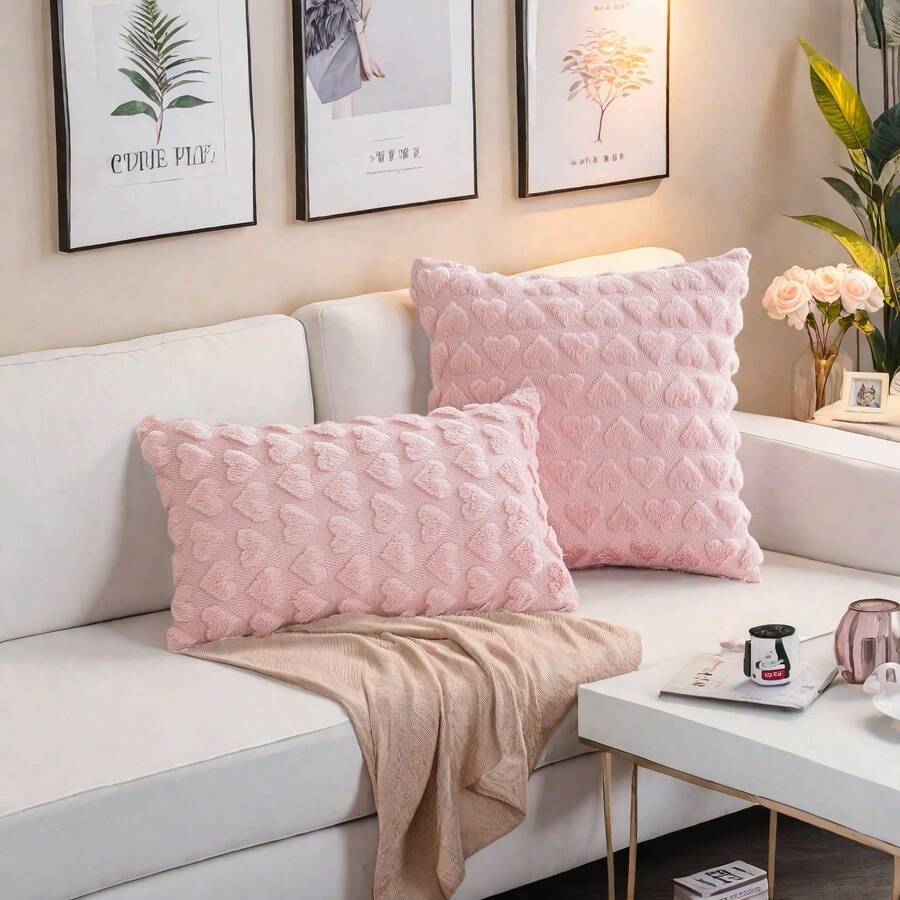 1个粉色爱心毛绒抱枕套，柔软沙发靠垫套，适用于客厅、女孩床、沙发、家居装饰 - 粉色 - 查看 1