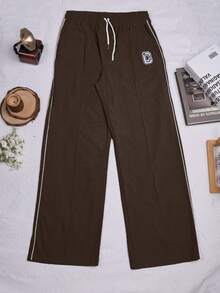 Street Style Elastic Drawstring High Waist Letter Print Corduroy Side Pocket Wide Leg Casual Pants, Comfortable Daily Wear - Coffee Brown - View 8