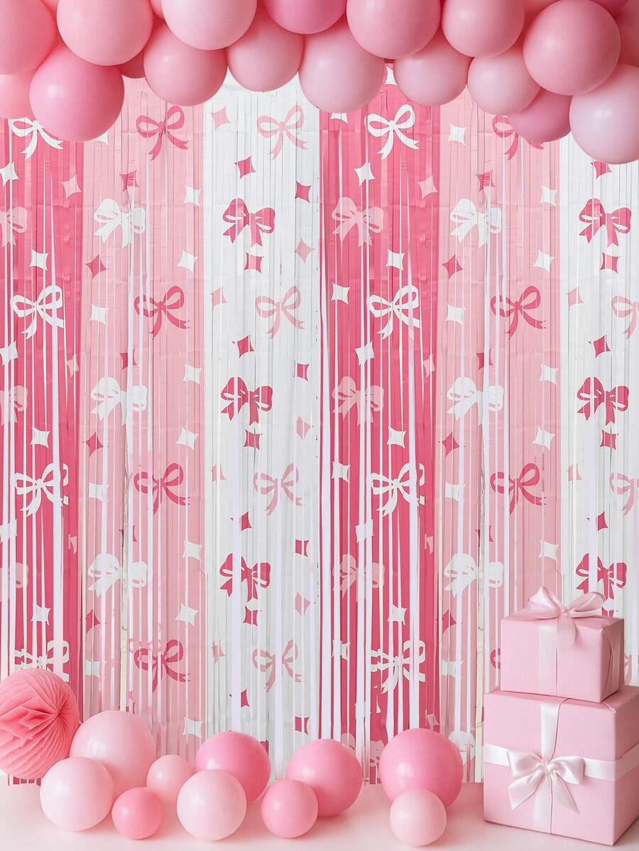 1/2/4pcs Pink & White Metallic Ribbon Curtain, Pink Bow Decor For Birthday Party Background, Wedding Decoration, Princess Party, Baby Shower, Photography Backdrop, Birthday Party Supplies, Stage Backdrop, Party Decorations