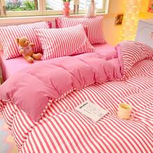 4pcs Solid Color Striped Crafted Soft Cloud-Like Bedding Set, Pastel Macaron Solid Color Pattern, Soft & Comfortable For Bedroom, Dorm, Queen/Twin Size Bed, Reversible, Breathable, Skin-Friendly, All Season - Multicolor - View 11