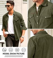 Men's Corduroy Casual Western Long Sleeve Button Down Shacket Jackets With 2 Flap Pockets, Fashionable - A6 Biking Red - View 9