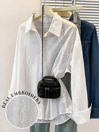 女士休闲度假及办公通勤刺绣落肩宽松长袖衬衫，春秋季