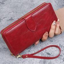 Cartera larga de piel sintética roja con correa para la muñeca, gran capacidad para múltiples tarjetas, cierre con cremallera y forro de poliéster - perfecta para uso diario, cartera diaria | Cartera contemporánea | Cartera con cremallera duradera - Multicolor - Ver 6