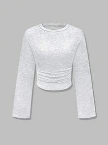 New Stylish Solid Color Ruffle Trim Elegant Long Sleeve Round Neck Blouse, Suitable For Vacation, Date, School, Travel, And Daily Wear - Light Grey - View 6