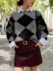 Áo khoác cardigan dệt kim hình thoi dáng rộng thoải mái, thời trang nữ Thu/Đông mới. - Xám - Xem 7