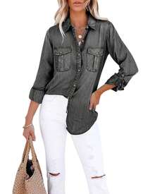 Womens Button Down Denim Shirt Long Sleeve Roll Up Casual Oversized Jean Shirt Jacket Distressed Tunic Tops - 黑色 - 查看 3