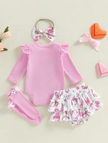 Conjunto de ropa para niña, bonito mono de manga larga con lazo bordado, falda pantalón, diadema y medias, 4 piezas - durazno - Ver 2