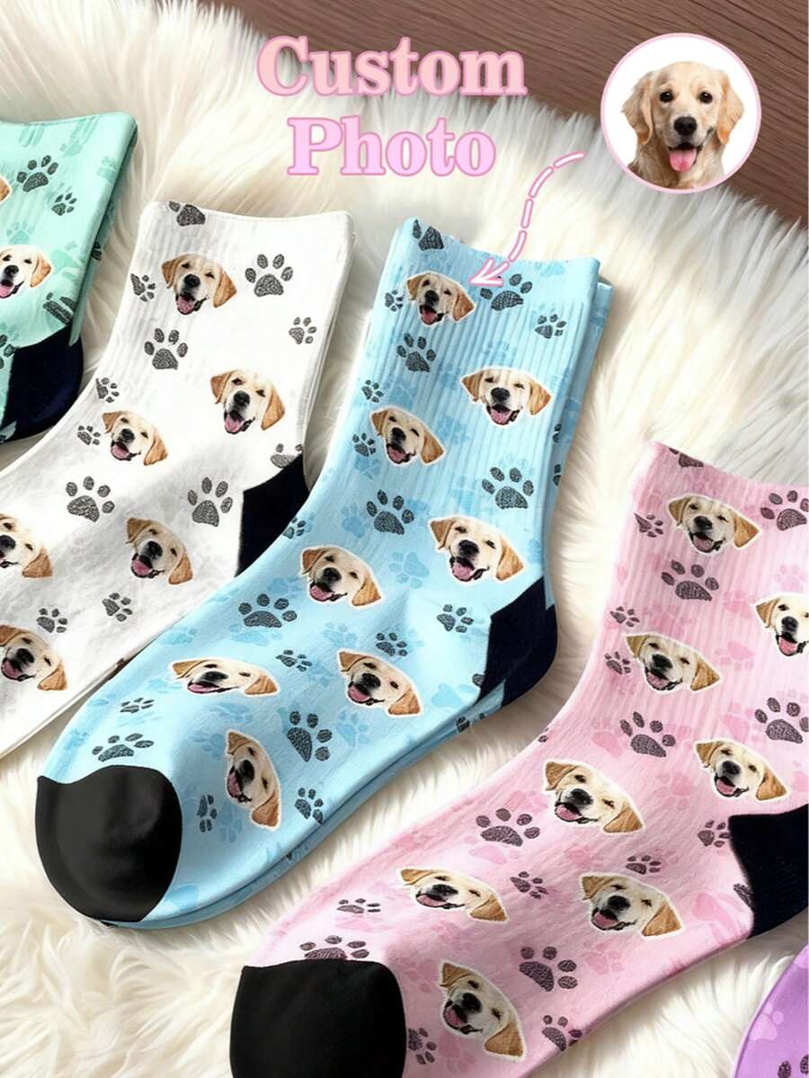 1/2 Pair Customized Dog & Man Portrait Mid-Calf Socks, Personalized Funny Socks Can Print Your Own Photos Of Handsome Guys, Beautiful Ladies, Cute Animals Like Dogs & Cats, Unique Couple Socks, Exquisite Gift, Customized Men's Socks, Fashionable For Autumn, Suitable For Underwear, Sleepwear, Comfortable & Versatile, Urban Chic