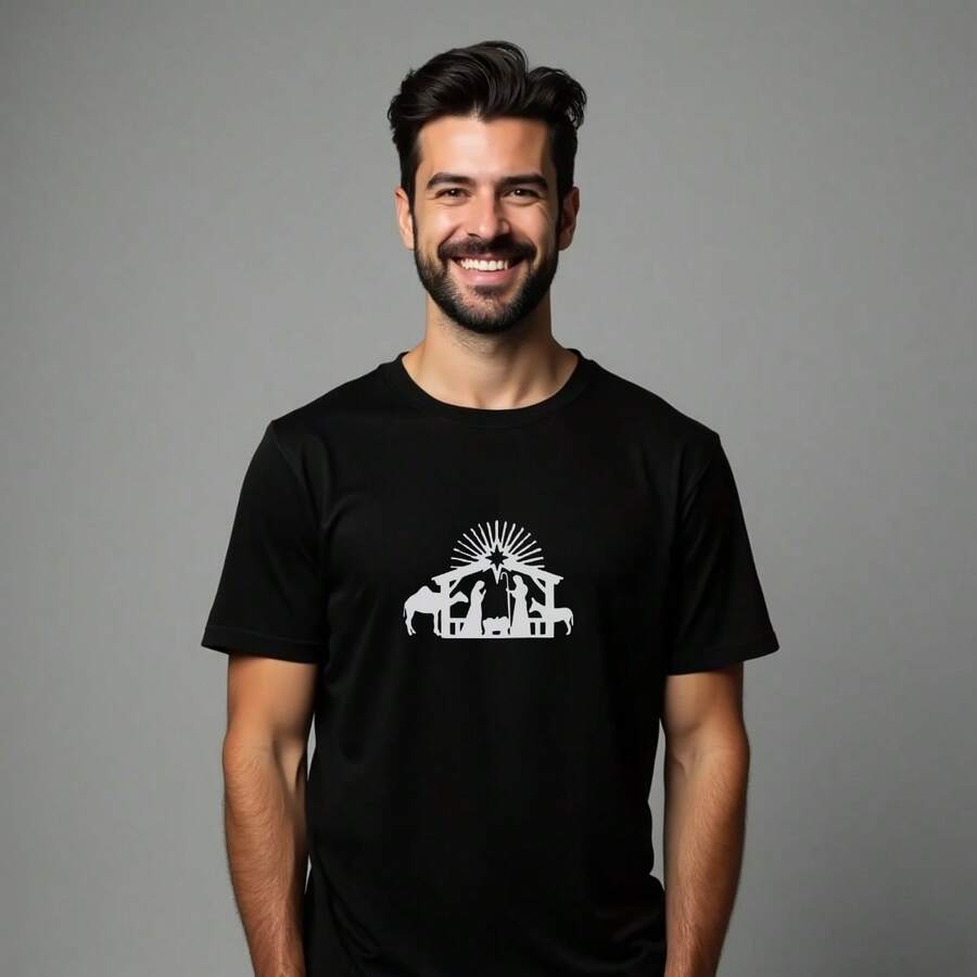 Christmas T-Shirt With Jesus Print, 100% Cotton. - 黑色 - 查看 1