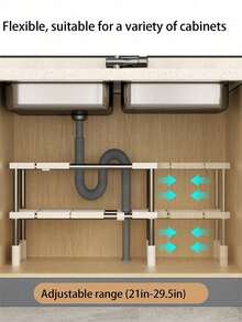 1pc Expandable Under Sink Organizer Rack, 2-Tier Adjustable Shelf For Bathroom, Kitchen Sink Cabinet Storage, Dish Rack, Pot Holder - White - View 5