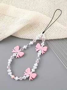1pc Handmade Beaded Bowknot Phone Lanyard, Cute Pearl Decor, Suitable For Phone Cases And Bags - Multicolor - View 3