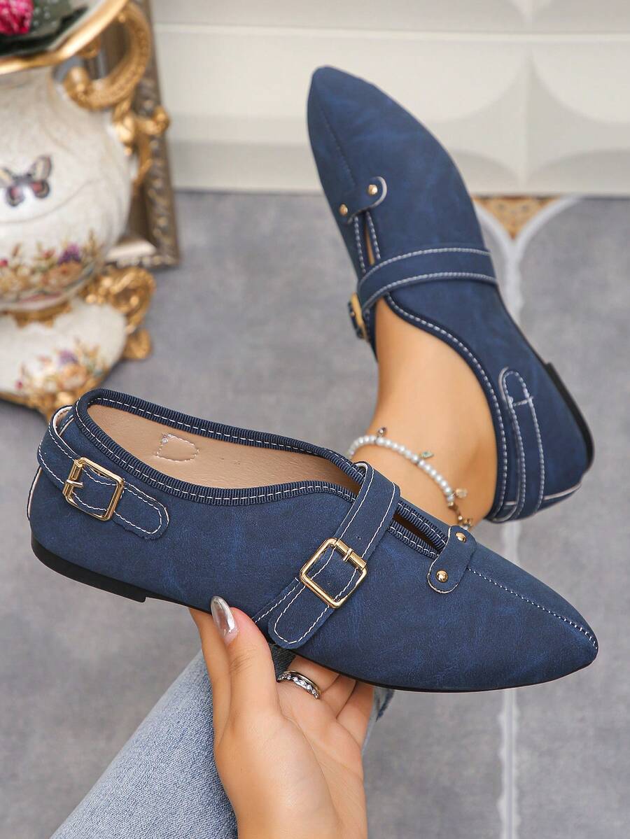 Giày bệt mũi nhọn đế mềm cho nữ cỡ lớn 35-45, giày bệt đế mềm đi chơi ngoài trời hàng ngày mới, màu nâu, giày bệt đa năng thời trang, phù hợp với váy, mùa xuân và mùa thu - Màu xanh mờ - Xem 1