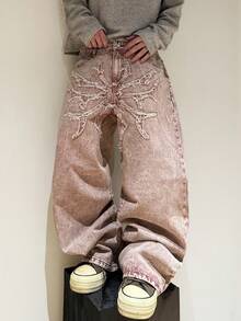 1 chiếc quần jeans ống rộng thêu họa tiết phong cách đường phố Mỹ dành cho nam, rộng rãi và thoải mái, quần denim phù hợp mọi mùa (Không bao gồm thắt lưng và phụ kiện) - Đỏ - Xem 9