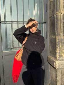女款新款純色復古雙排扣高領大衣，秋冬通勤夾克 - 黑色 - 查看 4