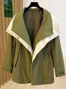 女士秋冬外套，时尚拼接大翻领连帽设计，抽绳腰带，高品质时尚百搭防风外套 - 橄欖綠 - 查看 5