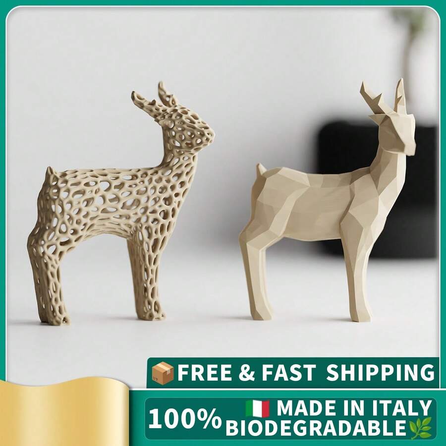 ORIZZONTE Set Of 2 Christmas Reindeer Sculptures – Geometric Design And Organic Perforated Structure – Modern Decorations For Christmas, Home Or Office – Unique Gift Idea – 100% Made In Italy, Shipping From Italy - Wood - View 1