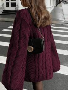 Just Masa 女士春季休闲优雅宽松针织毛衣，圆领长袖麻花针织纯色弹力时尚简约设计基础款中长套头衫，适合通勤、日常穿着、旅行、度假和约会。 - 酒紅色 - 查看 2