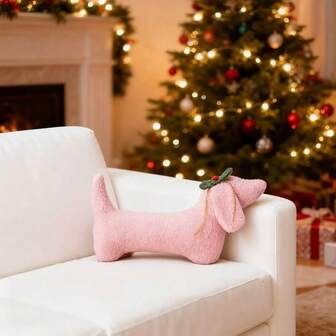 1pc Cute & Warm Plush Pink Christmas Dog Decorative Throw Pillow, Home Decor Cushion For All Seasons