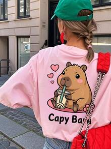 Girls & Teens' Casual Pink Graphic Print Crew Neck Short Sleeve T-Shirt, Summer Top - Pink - View 7