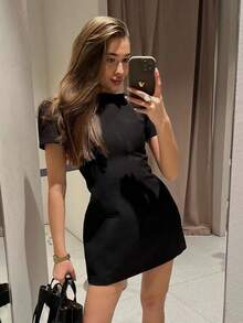 Short Puff Sleeve Evening Dress, Women's High Waist Round Neck A-Line Black Elegant Gown - Black - View 7