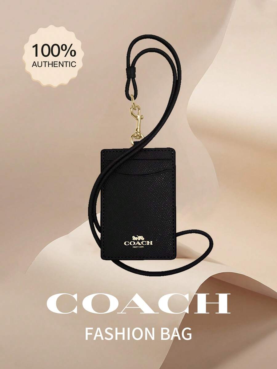 Coach Women's Vertical ID Badge Card Holder Leather Credit Card Holder For Women With Clear ID Window Ladies' Two Credit Card Slots Black Badge Card Holder With Neck Lanyard Strap,57311 IMBLK - Black 2 - View 1