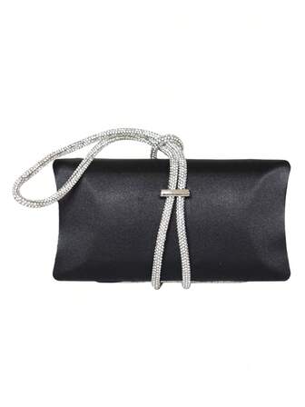Bolso de mano de noche con forma de caja decorado con rhinestones brillantes, bolso de mano formal de satén para fiestas, bolso de vestido formal de moda con cadena, bolso de fiesta, bolso de boda