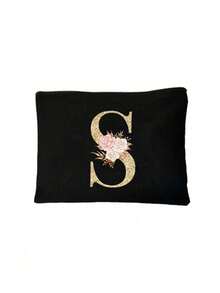 Bolsa de cosméticos con inicial de flor de la serie A-Z, de unicolor, bolsa de almacenamiento con patrón de letra retro simple y elegante, regalo de Navidad, bolsa de almacenamiento de artículos pequeños, bolsa de almacenamiento multifuncional, bolsa de almacenamiento de esmalte de uñas, bolsa de almacenamiento de cosméticos de moda, neceser, bolso, bolsa de almacenamiento plegable ligera, bolsa de compras simple, bolso de regalo para maestros, enfermeras, médicos, maestros, adecuado para el almacenamiento de cosméticos de viaje personal