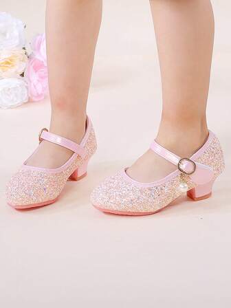 Zapatos de cuero con lentejuelas negras para niñas, tacones altos para niños, zapatos de niña de las flores para princesita, zapatos de actuación en el escenario para niños, zapatos formales con cristales, tacones altos color champán, zapatos pequeños