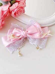 1 chiếc kẹp tóc Lolita màu hồng hình nơ ren đính ngọc trai tua rua lưới, kiểu dáng dễ thương mùa xuân, phù hợp để sử dụng hàng ngày. - Kẹp tóc Lolita - Xem 7