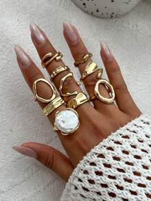 11 件/套时尚金属几何镂空液体抽象水滴设计开口戒指，复古波西米亚巴洛克风格仿珍珠装饰戒指套装，女士时尚首饰套装，适合日常装扮、海滩度假和派对配饰 - 金黃色 - 查看 17