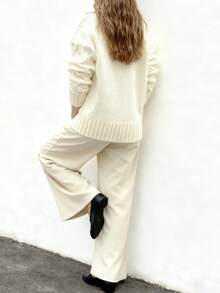 Plus Size Women Elegant High Neck Solid White Diamond Textured Knit Sweater, Casual For Holiday Party, Home, Office, Autumn/Winter - Beige - View 5