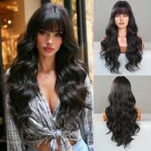 7JHH WIGS High Quality 24-Inch Long Body Wave Natural Black Wigs For Women Fashion Synthetic Wavy Curly Wig With Bangs, Heat-Resistant Fiber Full Machine Fake Hair, Beginners Glueless Costume Wigs For Daily Party Wear, Music Festivals Cosplay Use - 自然黑 - 查看 11