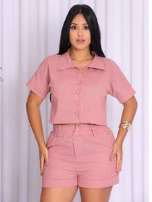 Women's Linen Set Consisting Of Shorts And A Short-Sleeved Blouse. - 乾枯玫瑰色 - 查看 3