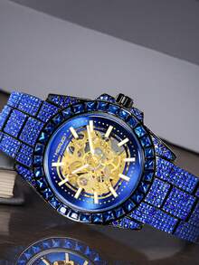 1 Piece Blue Diamond-Encrusted Men's Automatic Mechanical Watch With Alloy Case And Blue Crystal Inlaid Band, Luxury Hollow-Out Dial Timepiece, Eye-Catching Elegant Design​ - 藍色 - 查看 4