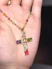 1pc Y2K Gold Plated Rainbow Colorful Cross Pendant Necklace Women Elegant Fashion Necklace Hip Hop Party Music Festival Jewelry Gift For Girlfriend Lover Couple