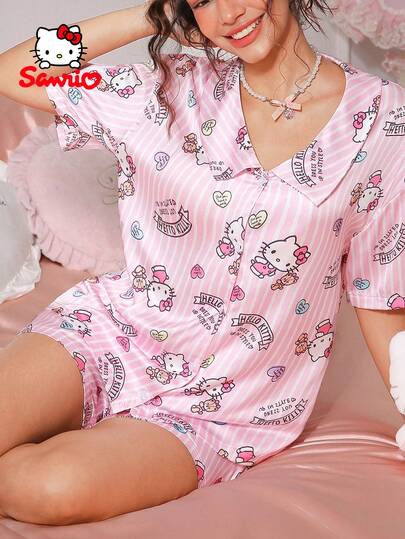 Sanrio 2pcs Hello Kitty Striped, Bear, Letter & Heart Print Short Sleeve Shorts Pajama Set, Cute Sleepwear Loungewear Set For Women