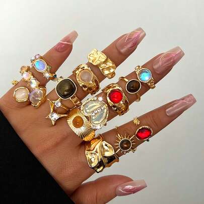 15pcs Fashionable & Elegant Cute Y2K Style Faux Cat Eye Tiger Eye Stone Embedded Heart Colorful Faux Gemstone Ring Set For Women, Suitable For Vacation, Date, Party, Ball, Birthday, Holiday, Daily Matching (No Box)