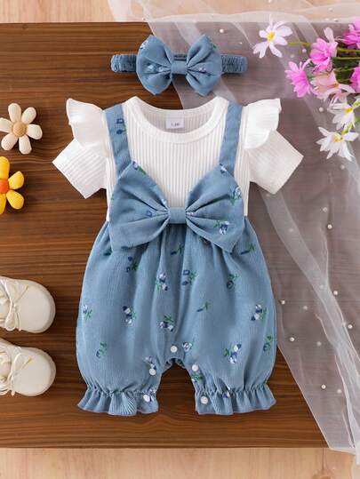 1pc Toddler Girls' Cute Casual Short Sleeve Romper, Lightweight, Minimalist Mori Style, Spring/Summer