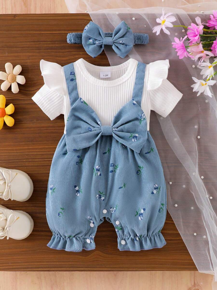 1pc Toddler Girls' Cute Casual Short Sleeve Romper, Lightweight, Minimalist Mori Style, Spring/Summer - Royal Blue - View 1