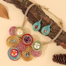 Handmade Exaggerated Multi-Layer Aluminum Wire Woven Bohemian, European, Middle Eastern Style Necklace & Earrings Set With Artificial Crystals, Suitable For Evening Party, Vacation - Multicolor - View 6