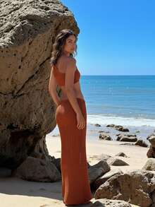 Sexy One Shoulder Crochet Bodycon Long Dress Knitted Wrap Cut Out Summer 2025 Vacation Beachwear Cover Up Slim Dresses - Burnt Orange - View 2