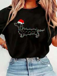Dachshund Lights Santa Hat Xmas Dog Lover-Shirt Women's Round Neck Short Sleeve-Shirt Fashion Graphic Tees Women Top - 黑色 - 查看 6