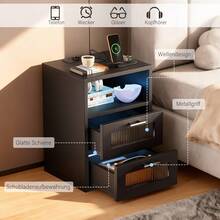 OYAJIA Smart Nachtschrank mit USB Ladefunktion, modern Nachttisch mit LED-Beleuchtung, Beistelltisch, Sofatisch Beistellkommode mit 2 Schubladen und offenes Fach, Schlafzimmer, , 35 x 40 x 60 cm, weiß / Schwarz