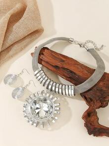 Handmade Exaggerated Multi-Layer Aluminum Wire Woven Bohemian European And American Middle Eastern European Korean Version Evening Party Holiday Women's Chain Necklace Earrings With Artificial Crystals - Silver - View 5